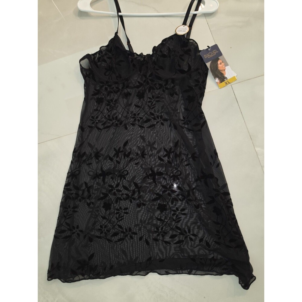 Women's Rachel Roy Black Sheer Baby Doll Lingerie Nightie Mini Floral Design XL